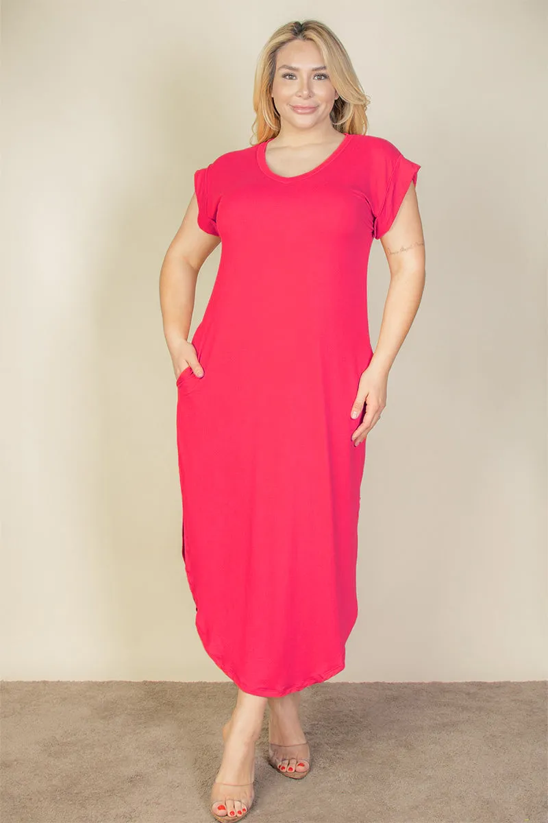 Plus Size Hidden Pocket Batwing Sleeve V Neck Long Dress